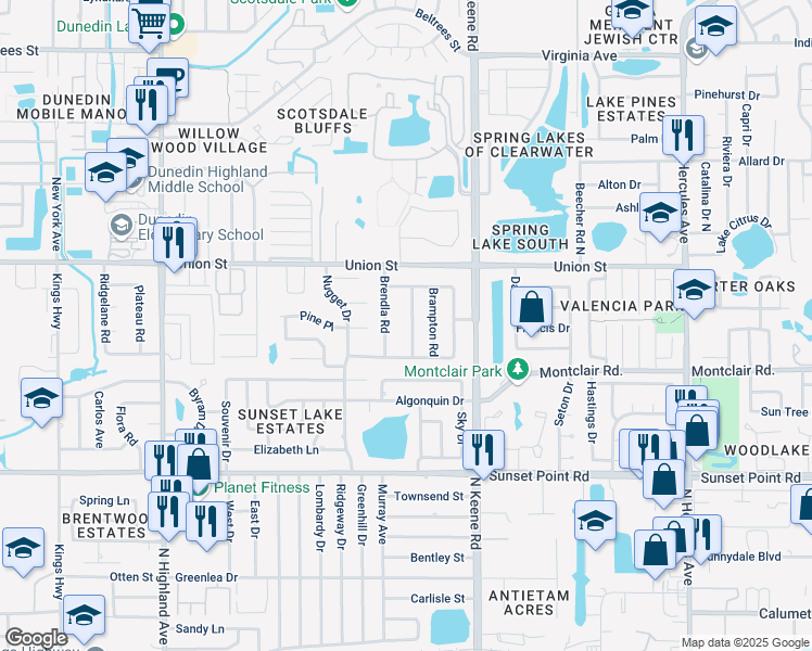 map of restaurants, bars, coffee shops, grocery stores, and more near 2021 Little Neck Road in Clearwater