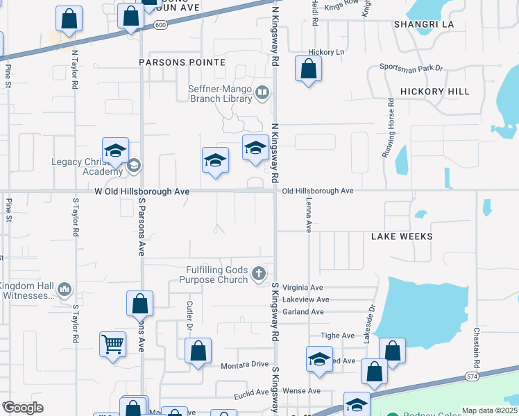 map of restaurants, bars, coffee shops, grocery stores, and more near 106 Cash Drive in Seffner