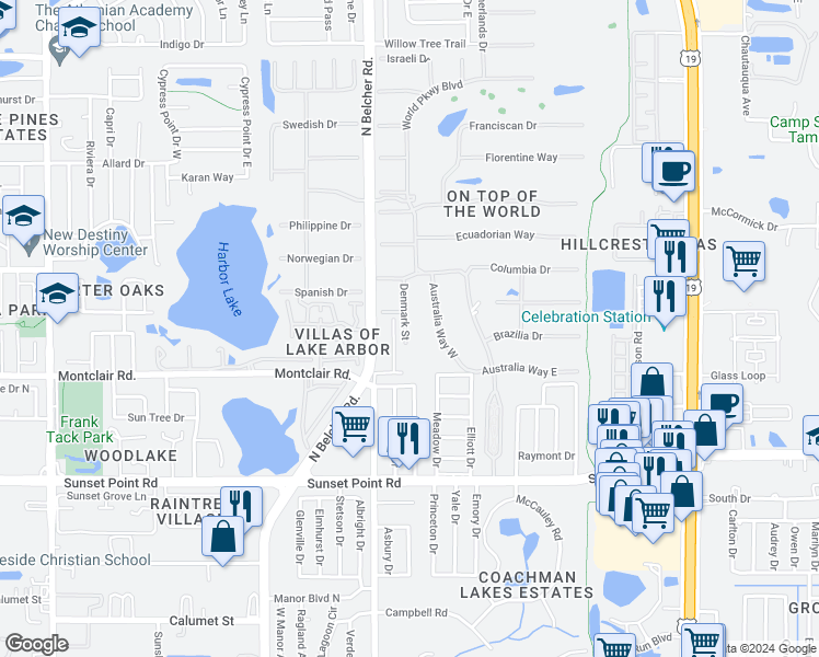 map of restaurants, bars, coffee shops, grocery stores, and more near 2025 Denmark Street in Clearwater