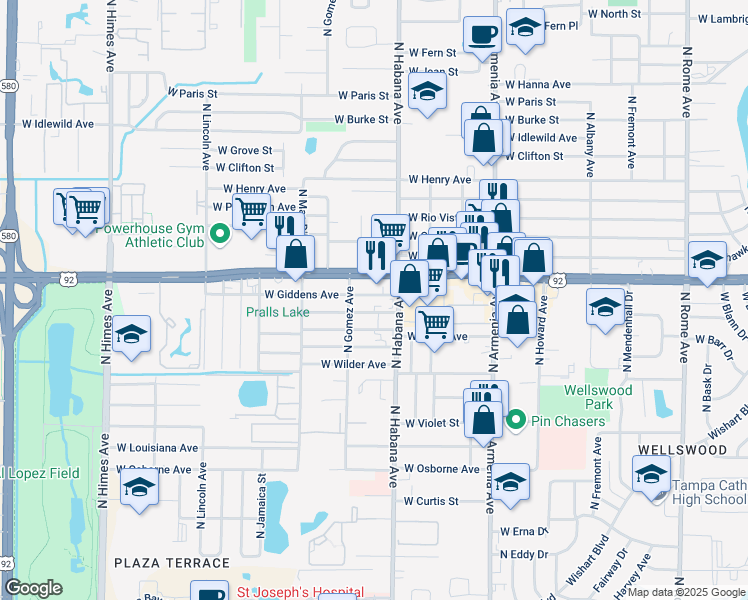 map of restaurants, bars, coffee shops, grocery stores, and more near 2910 West Frierson Avenue in Tampa