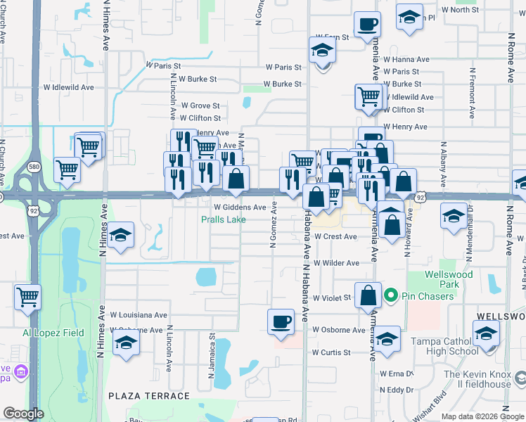 map of restaurants, bars, coffee shops, grocery stores, and more near 5122 North Gomez Avenue in Tampa