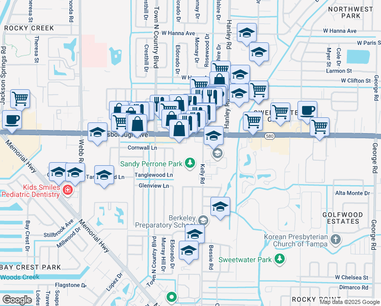 map of restaurants, bars, coffee shops, grocery stores, and more near 5120 Kelly Road in Tampa