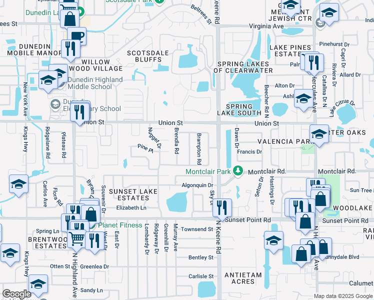 map of restaurants, bars, coffee shops, grocery stores, and more near 2021 Little Neck Road in Clearwater