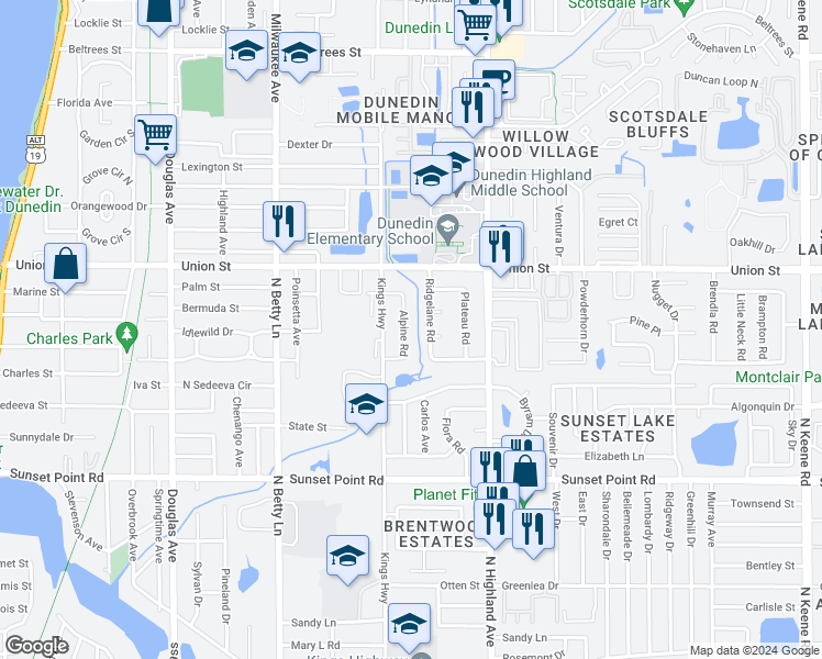 map of restaurants, bars, coffee shops, grocery stores, and more near 2018 Alpine Road in Clearwater
