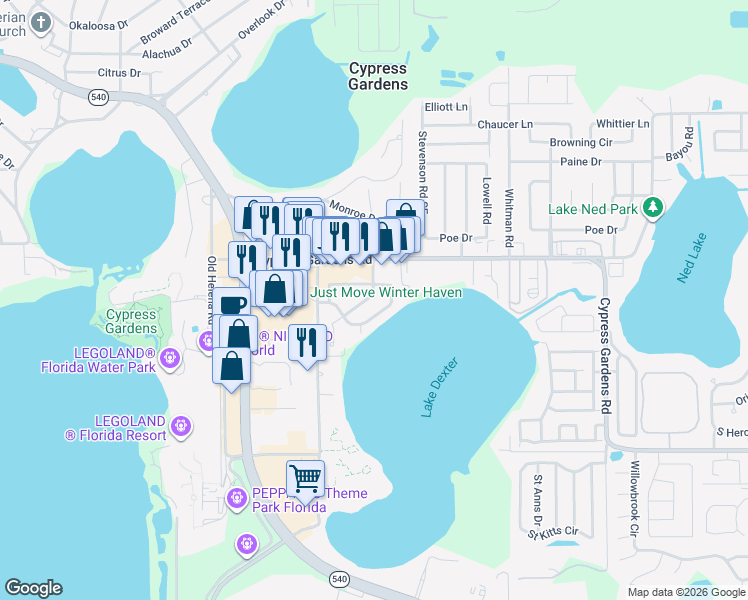 map of restaurants, bars, coffee shops, grocery stores, and more near 683 Lake Dexter Circle in Winter Haven