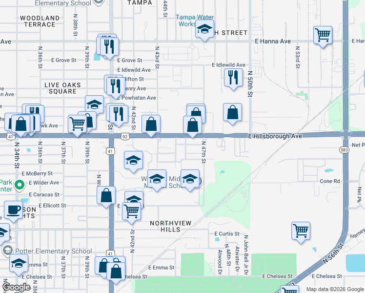 map of restaurants, bars, coffee shops, grocery stores, and more near 5127 North 44th Street in Tampa
