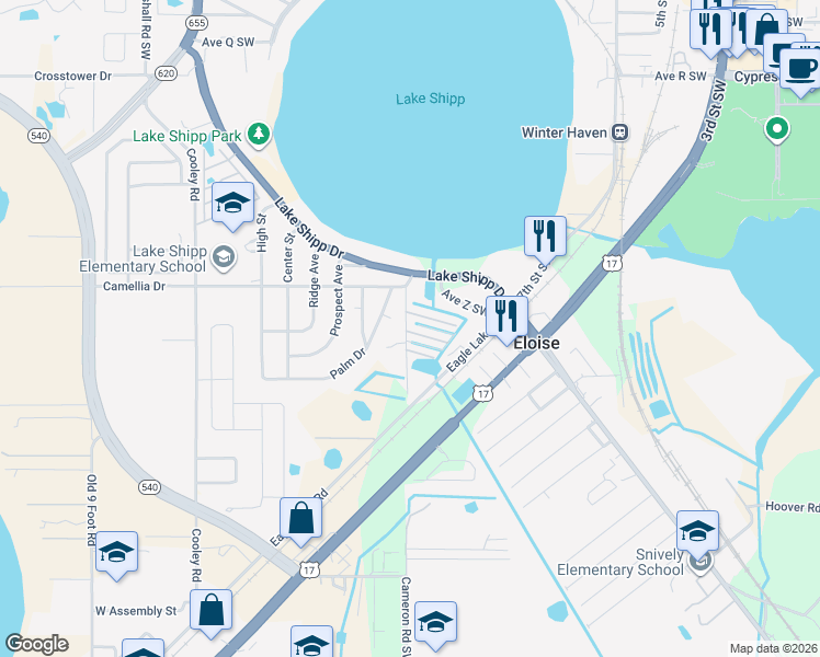 map of restaurants, bars, coffee shops, grocery stores, and more near 33 Odessa Drive Southwest in Winter Haven