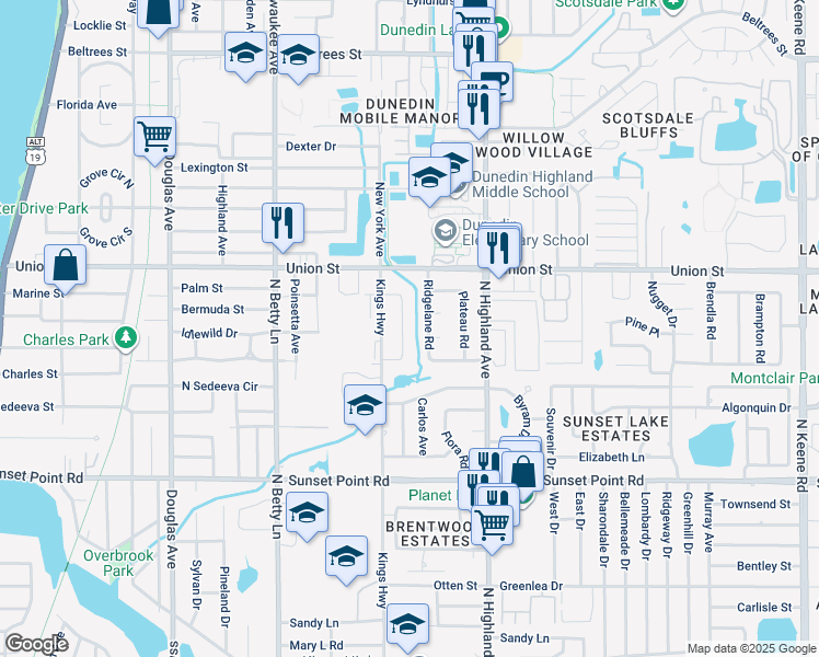 map of restaurants, bars, coffee shops, grocery stores, and more near 2035 Alpine Road in Clearwater