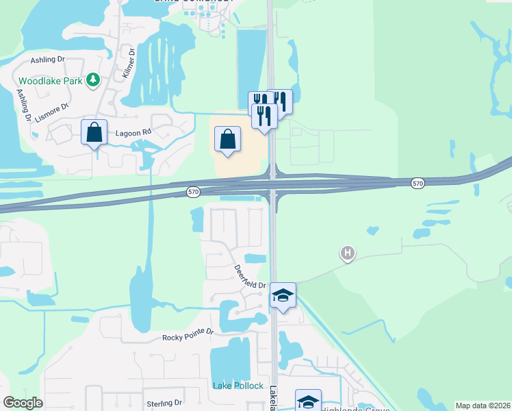 map of restaurants, bars, coffee shops, grocery stores, and more near 3809 Woodburn Loop West in Lakeland