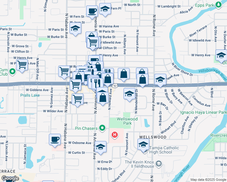 map of restaurants, bars, coffee shops, grocery stores, and more near in Tampa
