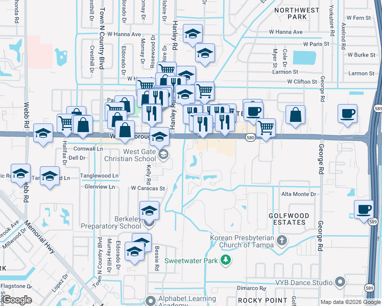map of restaurants, bars, coffee shops, grocery stores, and more near 5307 Reflections Club Drive in Tampa