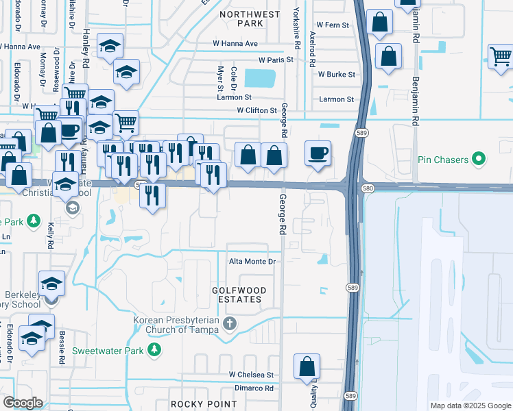 map of restaurants, bars, coffee shops, grocery stores, and more near 5126 Net Drive in Tampa