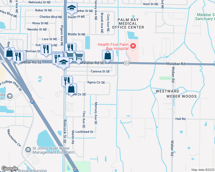 map of restaurants, bars, coffee shops, grocery stores, and more near 2020 Agora Circle Southeast in Palm Bay