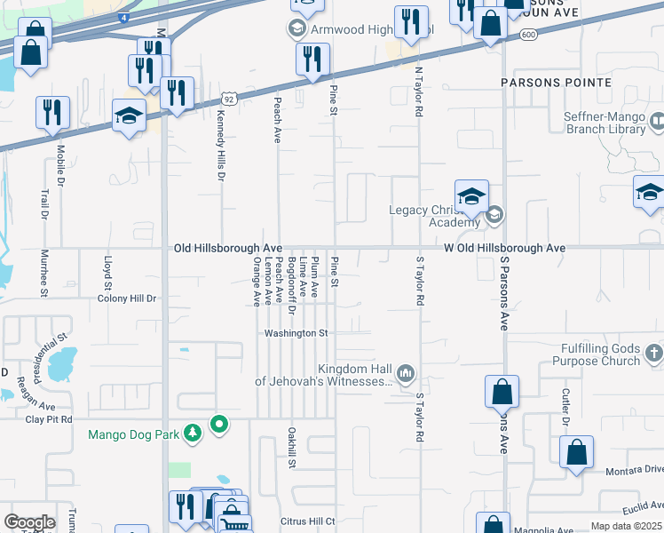 map of restaurants, bars, coffee shops, grocery stores, and more near 12031 Old Hillsborough Avenue in Seffner
