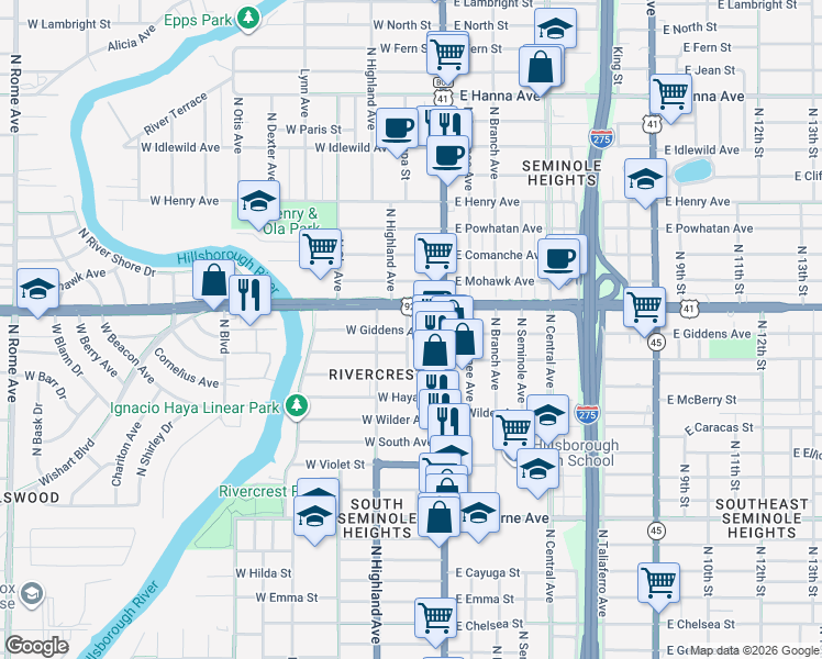map of restaurants, bars, coffee shops, grocery stores, and more near 116 West Hillsborough Avenue in Tampa