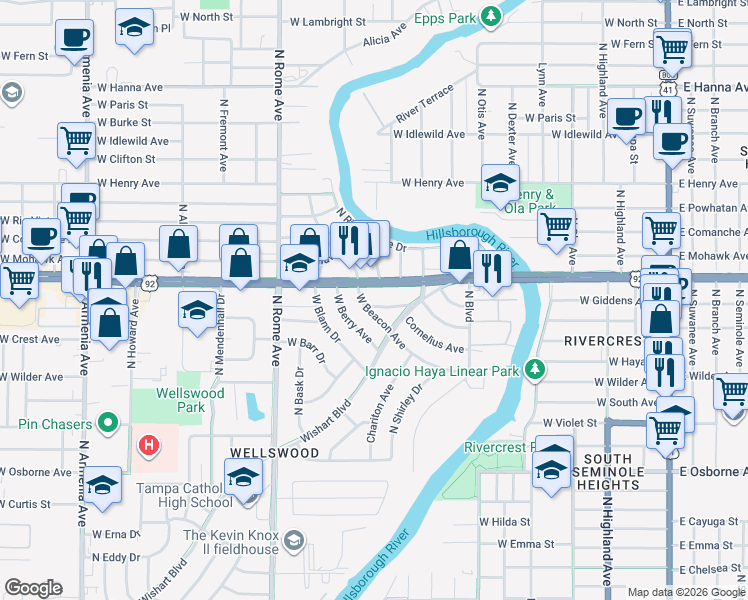 map of restaurants, bars, coffee shops, grocery stores, and more near 907 West Hillsborough Avenue in Tampa