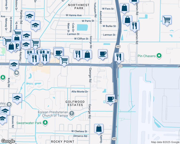 map of restaurants, bars, coffee shops, grocery stores, and more near in Town 'n' Country