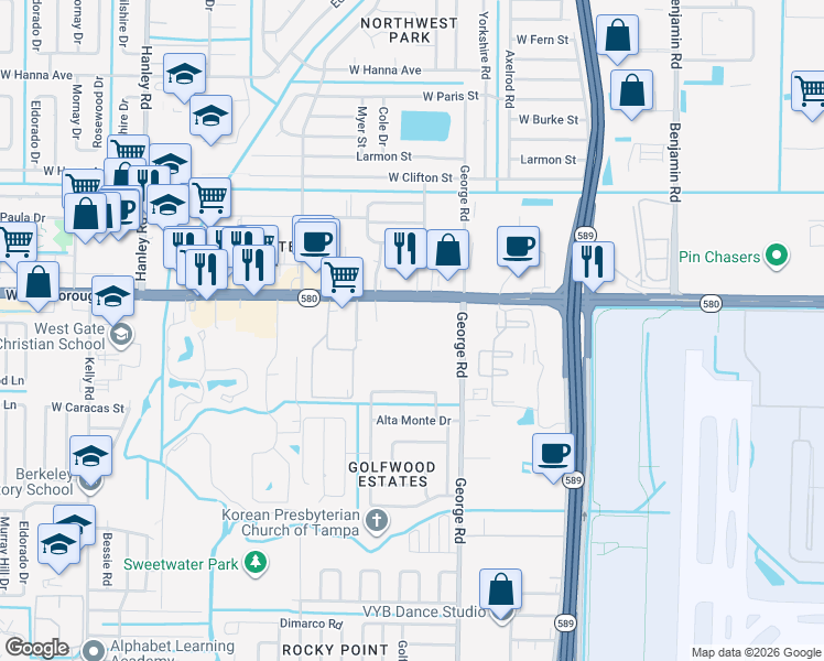 map of restaurants, bars, coffee shops, grocery stores, and more near 5200 Net Drive in Tampa