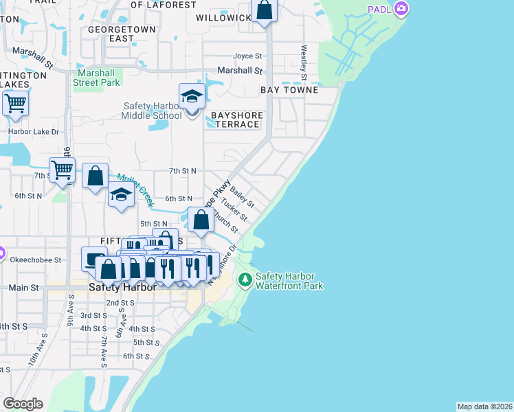map of restaurants, bars, coffee shops, grocery stores, and more near 335 Hillsborough Street in Safety Harbor