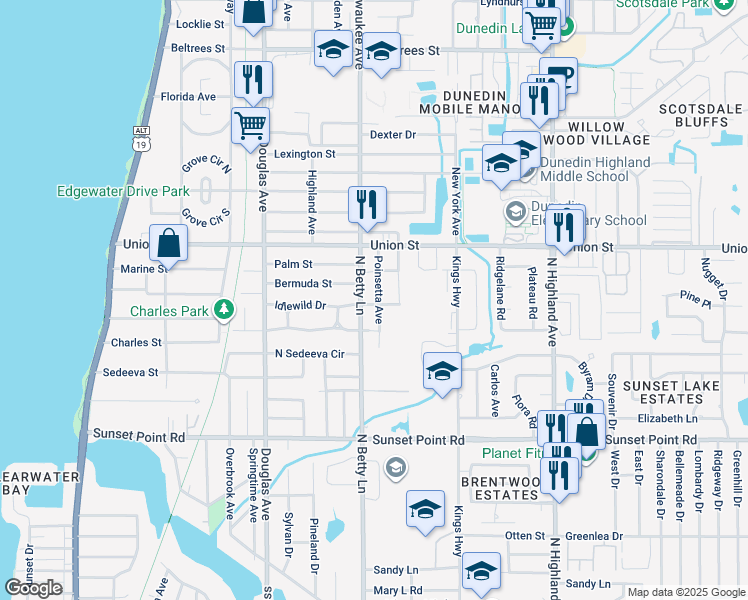 map of restaurants, bars, coffee shops, grocery stores, and more near 2067 North Betty Lane in Clearwater