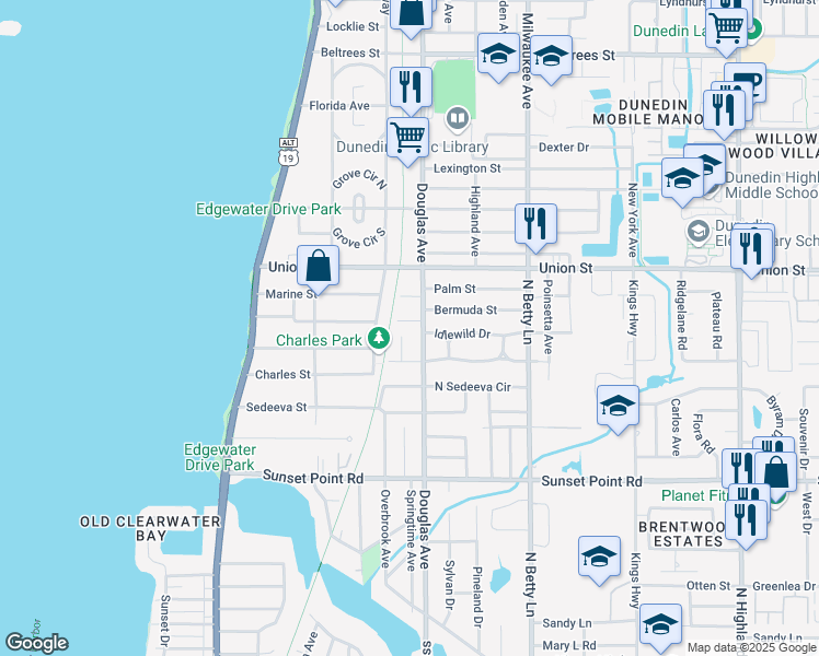 map of restaurants, bars, coffee shops, grocery stores, and more near 2052 Douglas Avenue in Clearwater
