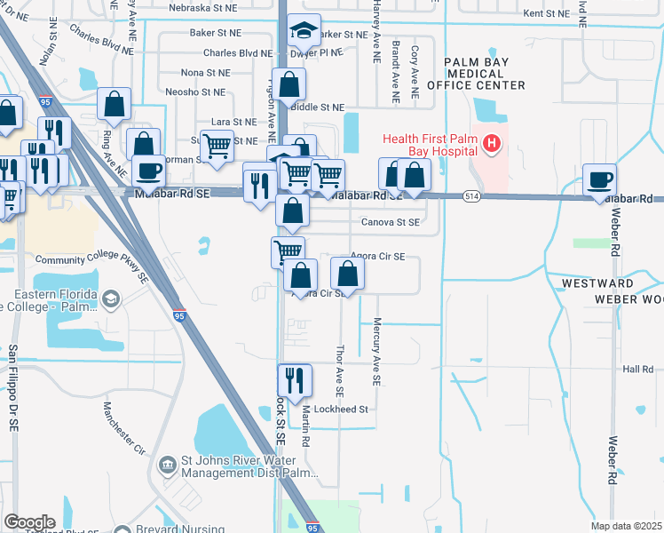 map of restaurants, bars, coffee shops, grocery stores, and more near in Palm Bay