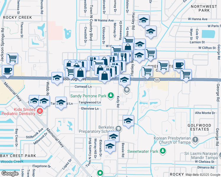 map of restaurants, bars, coffee shops, grocery stores, and more near 5130 Kelly Road in Tampa