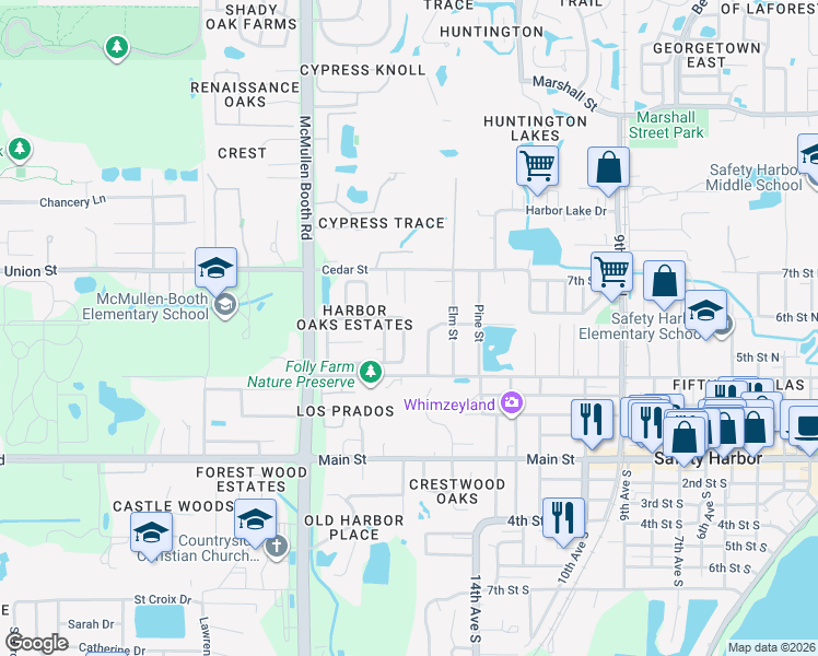 map of restaurants, bars, coffee shops, grocery stores, and more near 34 Harbor Oaks Circle in Safety Harbor
