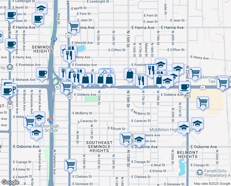 map of restaurants, bars, coffee shops, grocery stores, and more near 5303 North 13th Street in Tampa