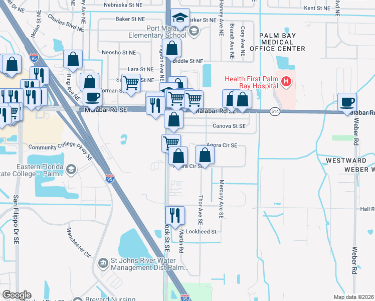 map of restaurants, bars, coffee shops, grocery stores, and more near 2181 Agora Circle Southeast in Palm Bay