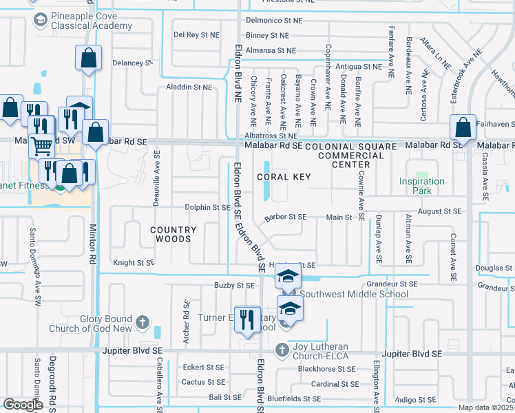map of restaurants, bars, coffee shops, grocery stores, and more near 223 Aquarius Avenue Southeast in Palm Bay