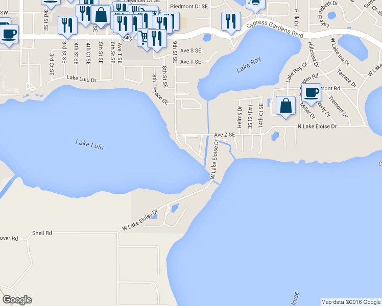 map of restaurants, bars, coffee shops, grocery stores, and more near 516 Orange Blossom Drive Southeast in Winter Haven