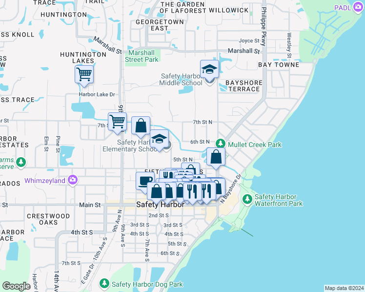 map of restaurants, bars, coffee shops, grocery stores, and more near 311 6th Street North in Safety Harbor