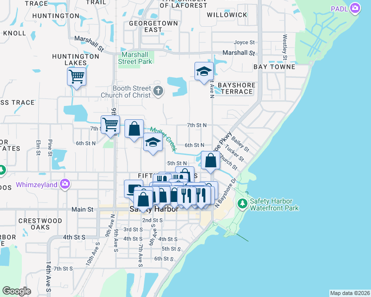 map of restaurants, bars, coffee shops, grocery stores, and more near 300 6th Street North in Safety Harbor