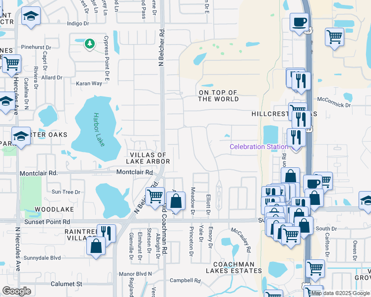 map of restaurants, bars, coffee shops, grocery stores, and more near 2043 Denmark Street in Clearwater