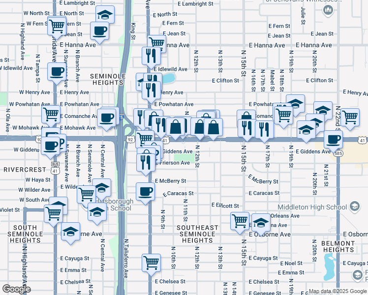 map of restaurants, bars, coffee shops, grocery stores, and more near 936 East Giddens Avenue in Tampa