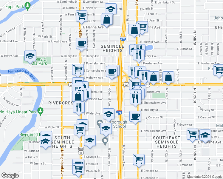 map of restaurants, bars, coffee shops, grocery stores, and more near 5303 North Central Avenue in Tampa