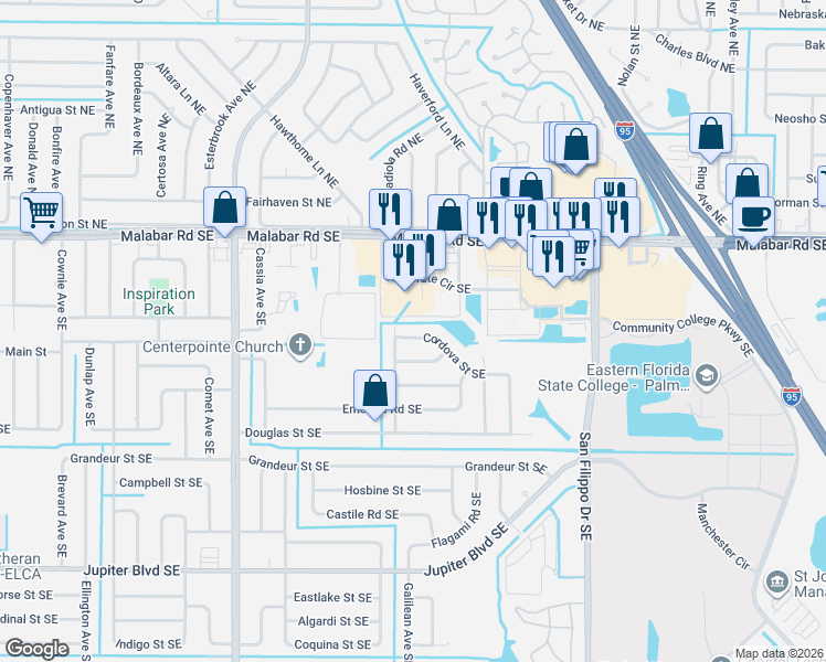 map of restaurants, bars, coffee shops, grocery stores, and more near 1037 Cordova Street Southeast in Palm Bay