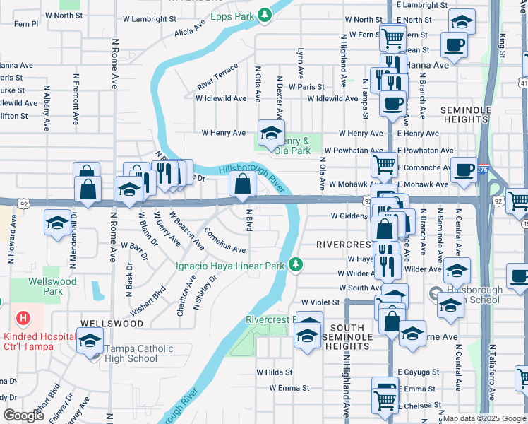 map of restaurants, bars, coffee shops, grocery stores, and more near 5305 North Boulevard in Tampa