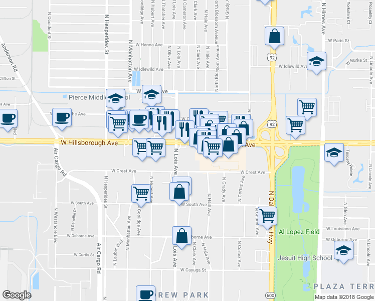 map of restaurants, bars, coffee shops, grocery stores, and more near 4116 West Hillsborough Avenue in Tampa