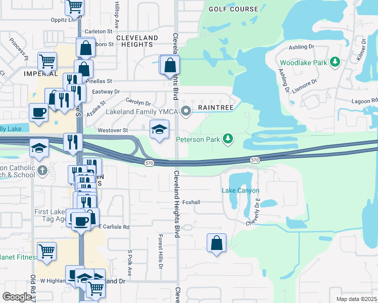 map of restaurants, bars, coffee shops, grocery stores, and more near 3726 Cleveland Heights Boulevard in Lakeland