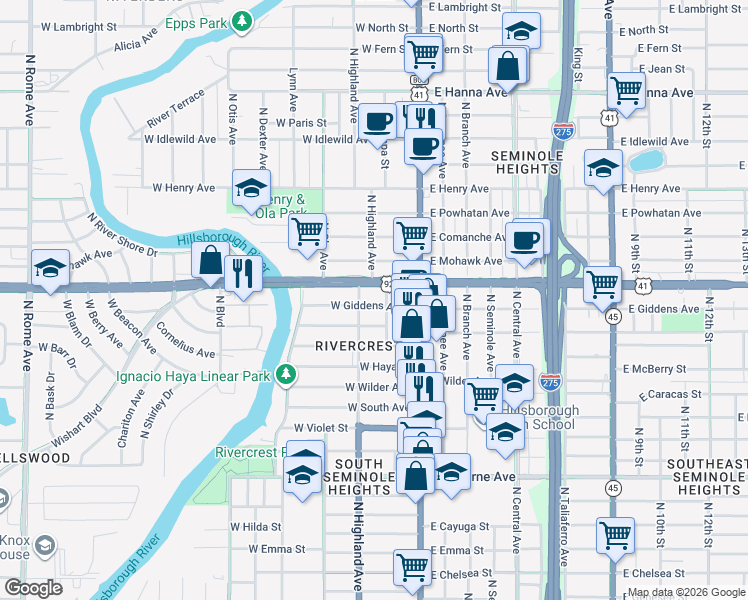 map of restaurants, bars, coffee shops, grocery stores, and more near 116 West Hillsborough Avenue in Tampa
