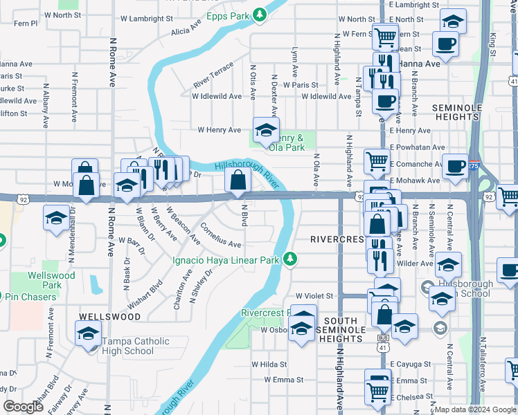 map of restaurants, bars, coffee shops, grocery stores, and more near 5305 North Boulevard in Tampa