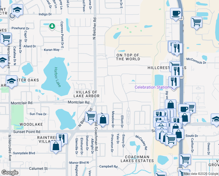 map of restaurants, bars, coffee shops, grocery stores, and more near 2073 Denmark Street in Clearwater