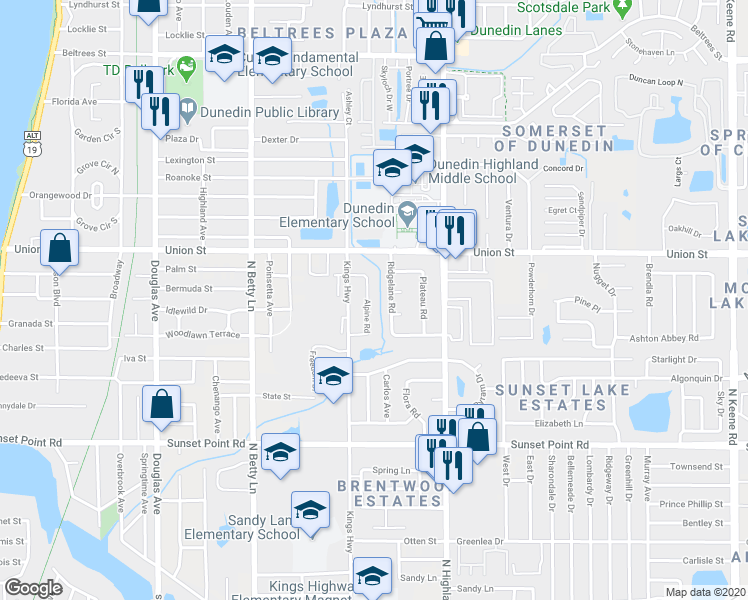 map of restaurants, bars, coffee shops, grocery stores, and more near 2058 Alpine Road in Clearwater