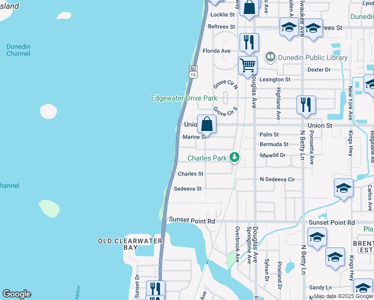 map of restaurants, bars, coffee shops, grocery stores, and more near 2049 Edgewater Drive in Clearwater