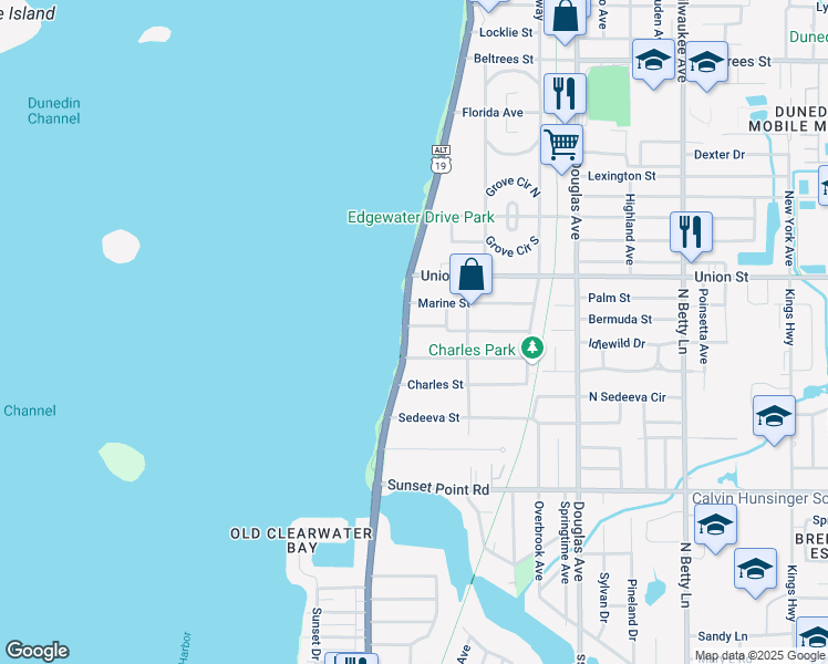 map of restaurants, bars, coffee shops, grocery stores, and more near 2049 Edgewater Drive in Clearwater
