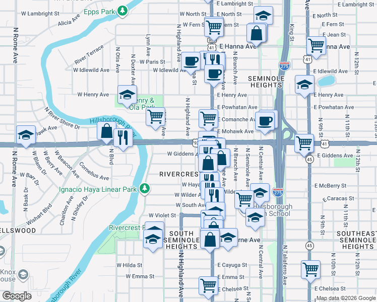 map of restaurants, bars, coffee shops, grocery stores, and more near 116 West Hillsborough Avenue in Tampa