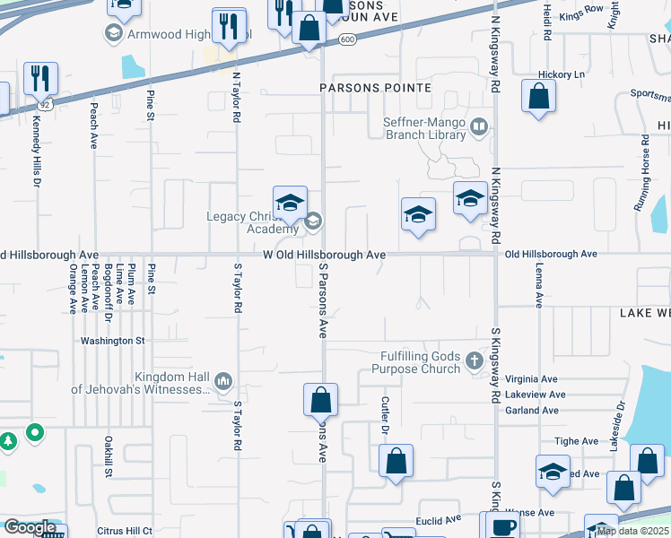 map of restaurants, bars, coffee shops, grocery stores, and more near 604 West Old Hillsborough Avenue in Seffner