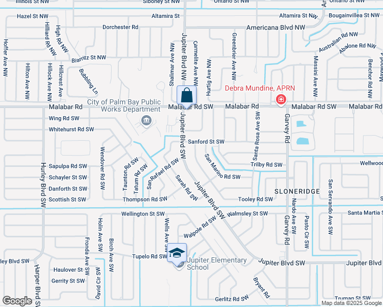 map of restaurants, bars, coffee shops, grocery stores, and more near 218 San Remo Road Southwest in Palm Bay